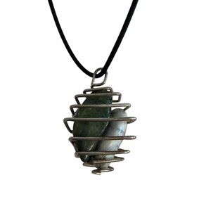 Springy Metal Pendant Necklace with 2 Polished Stones Inside on Rope